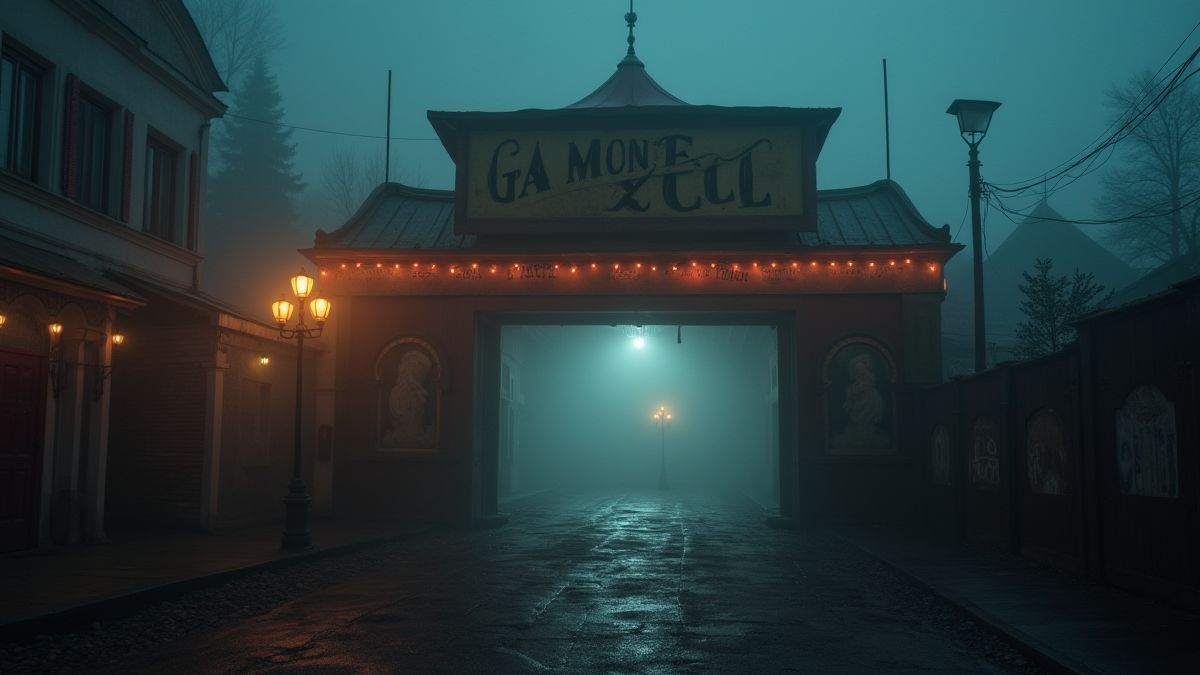 Entrada de circo tenebrosa con cartel roto.