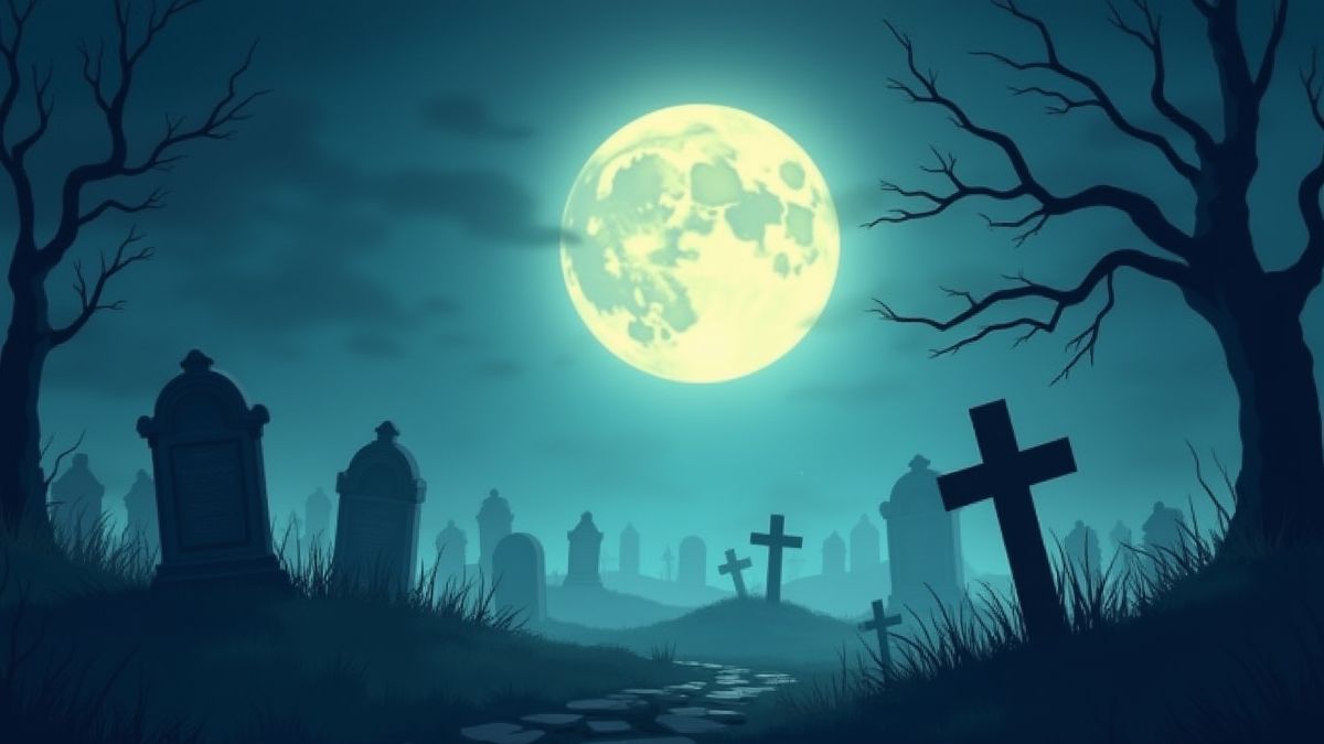Griezelige begraafplaats onder het licht van de volle maan en omhuld door mist.
