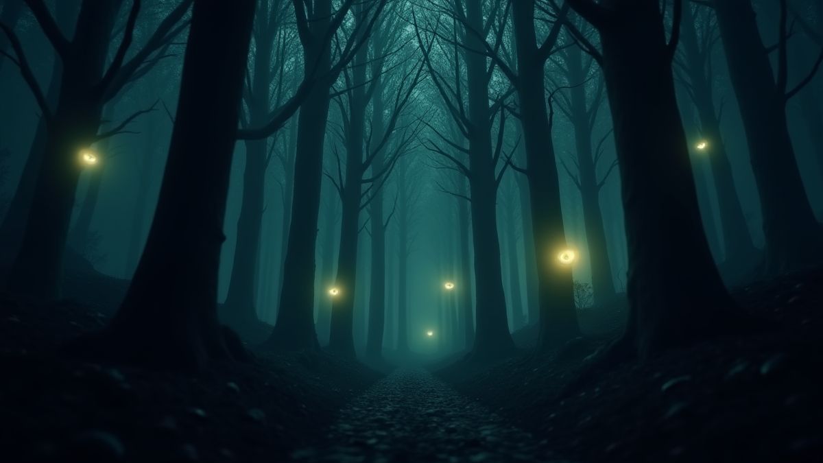 A spooky forest with glowing eyes among the trees