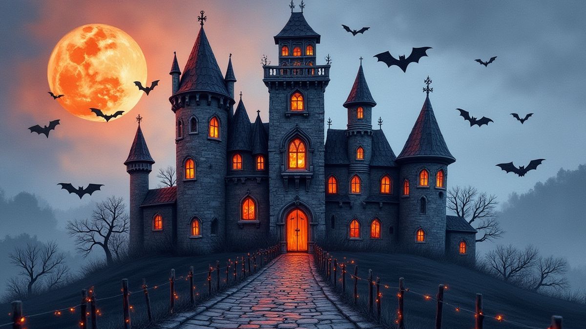 A vampire castle with glowing windows and bats flying