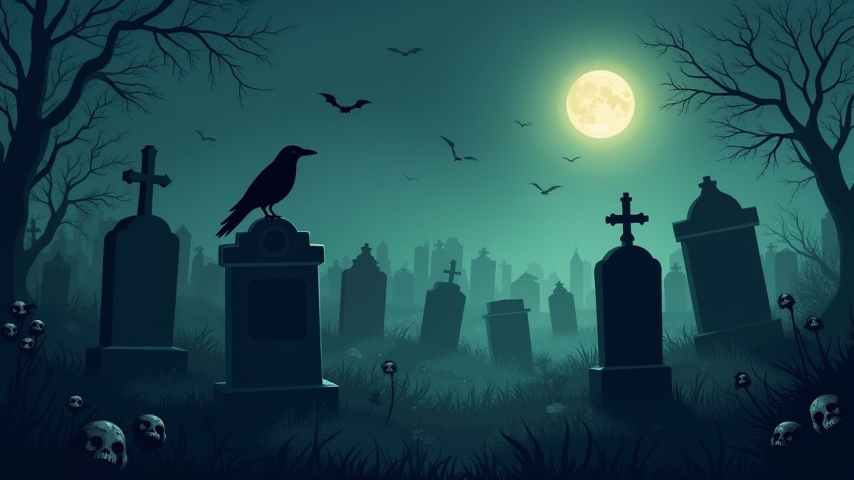 Ein unheimlicher Friedhof, beleuchtet von leuchtenden Grabsteinen und Nebel.