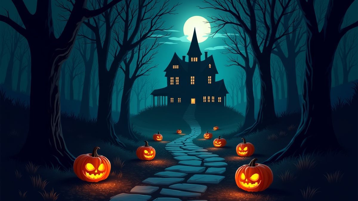 Ein im Mondlicht beleuchteter Waldweg, der zu einem spukenden Herrenhaus führt.