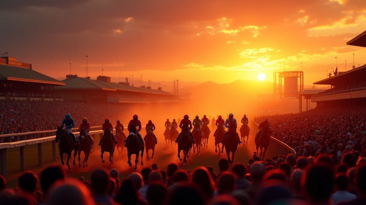 Foule enthousiaste regardant la course au coucher du soleil.