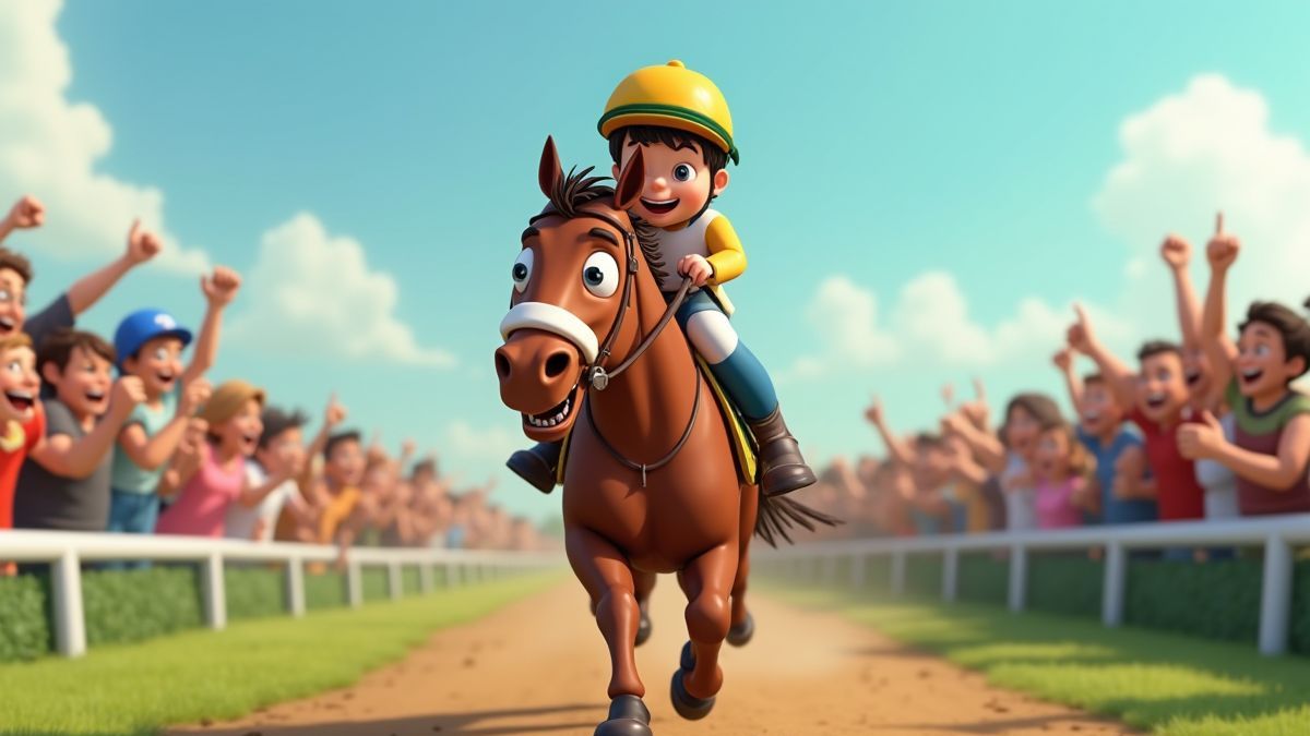 Jinete animado montando um cavalo em um hipódromo cheio de espectadores.