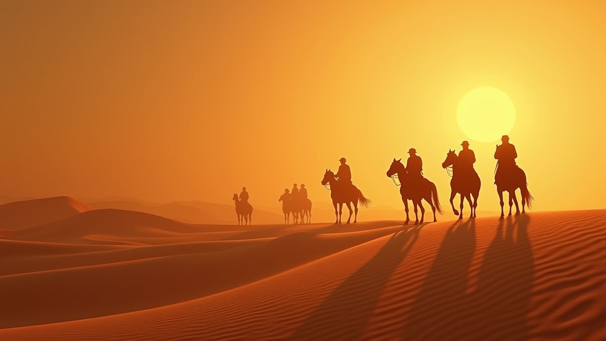 Paisaje desértico con sombras de jinetes misteriosos.