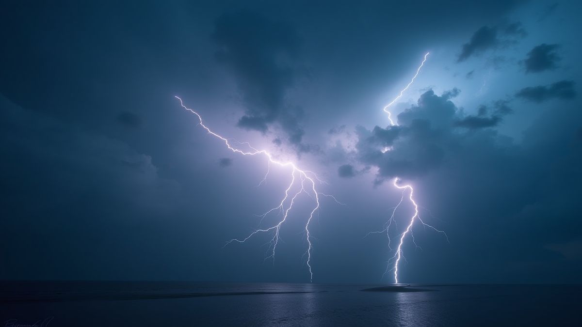 Cielo dramático con nubes de tormenta y relámpagos.