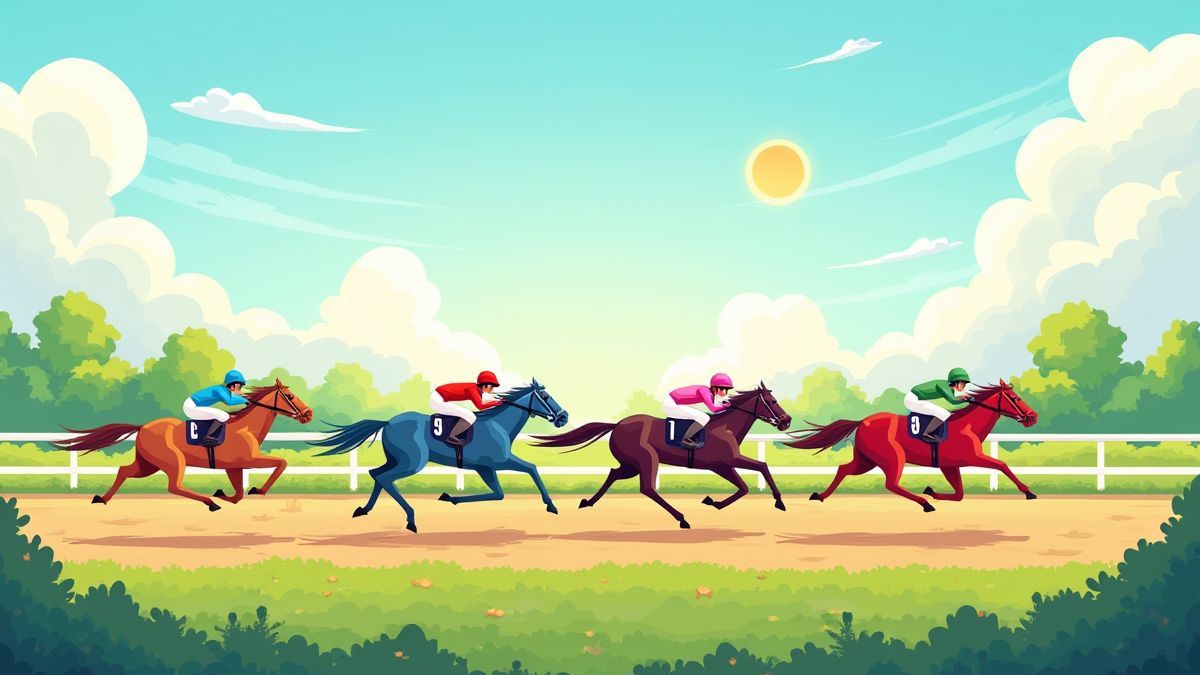 Un hipódromo colorido con caballos compitiendo bajo un cielo soleado.