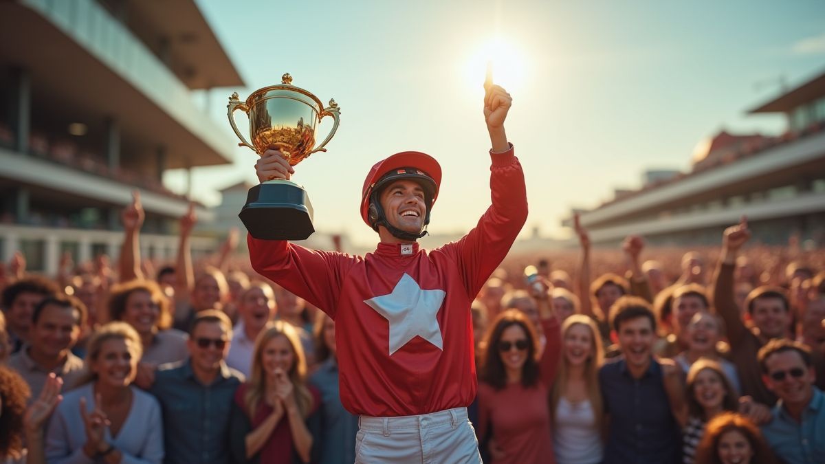 Un jockey ganador sosteniendo un trofeo, rodeado de fanáticos animados.