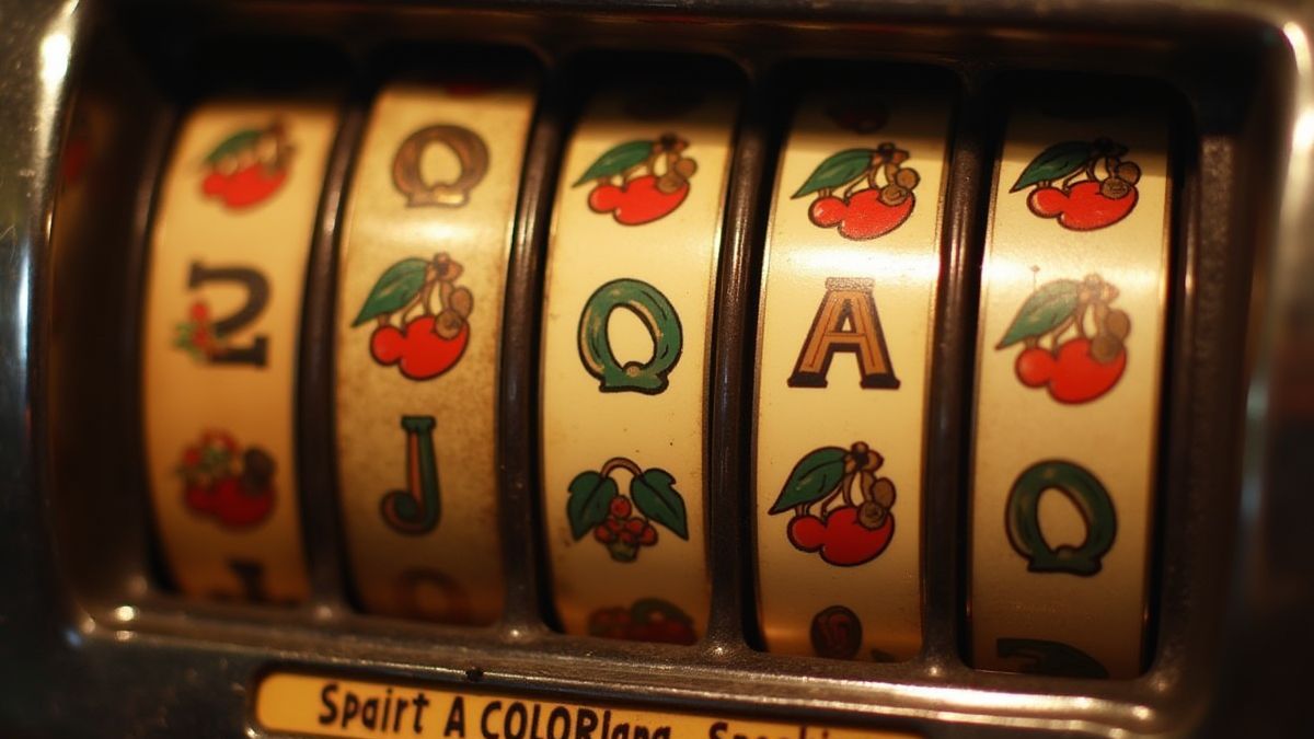 Karussell von Vintage-Spielautomaten mit Symbolen von Kirschen und Hufeisen.