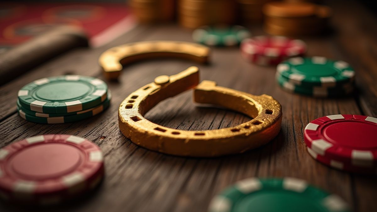 Rustikale Tisch mit goldenen Hufeisen und Casino-Chips.