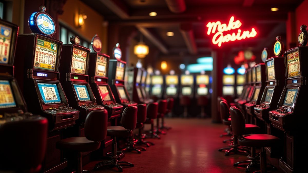 Um cassino vintage com máquinas caça-níqueis clássicas.