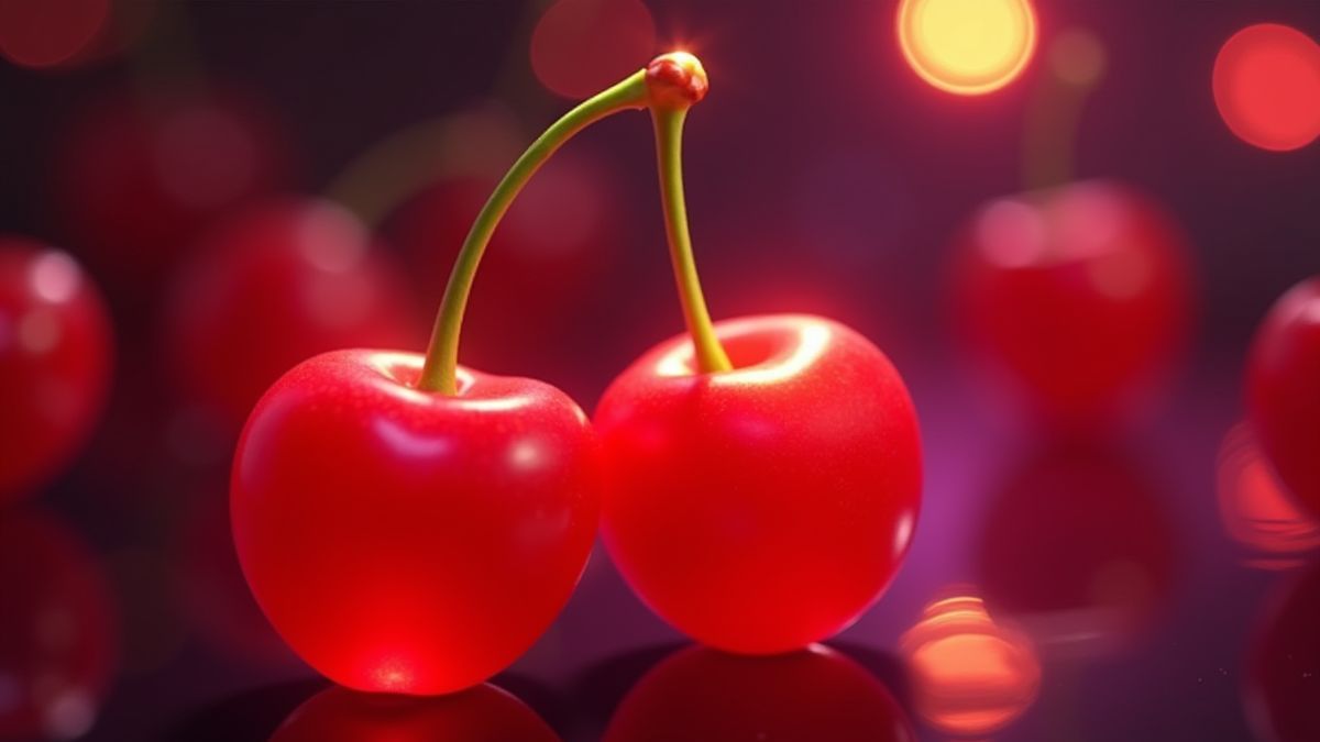 Cerejas brilhando em um fundo de slot vibrante.