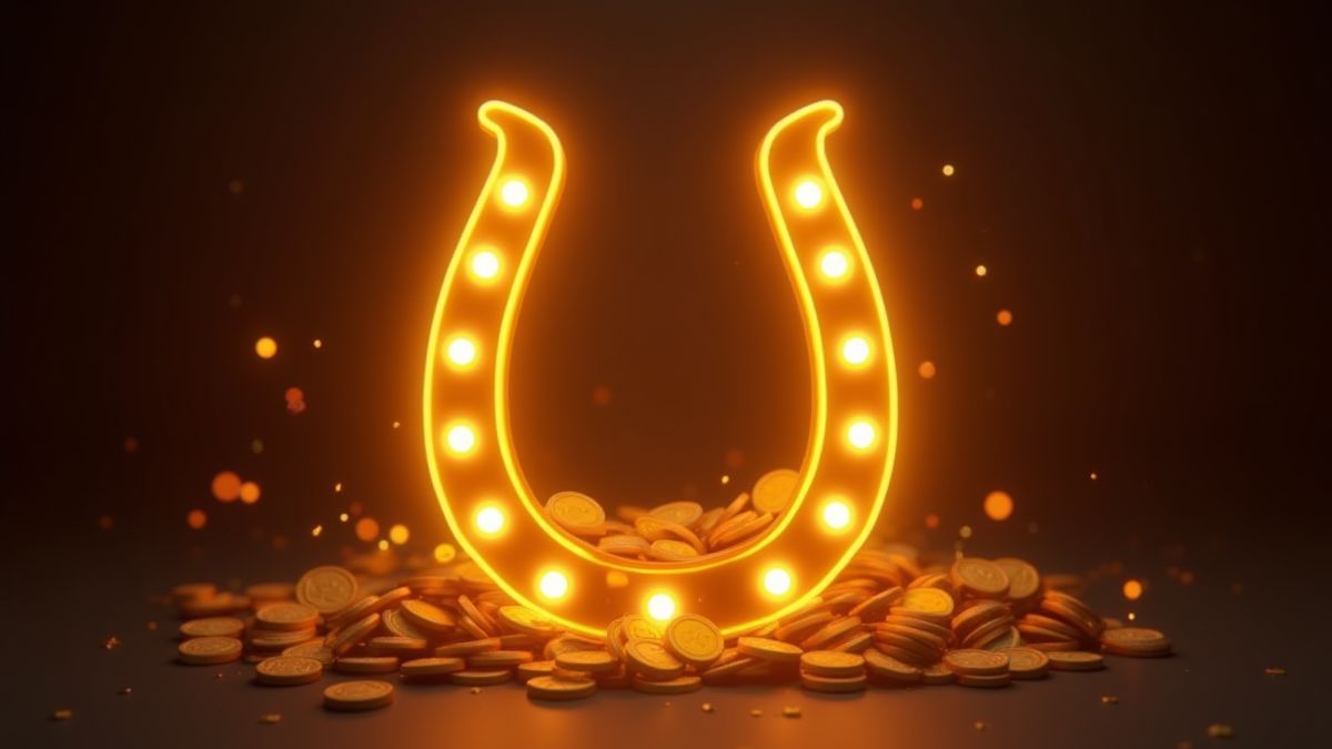 Uma ferradura dourada rodeada de moedas e brilhos.