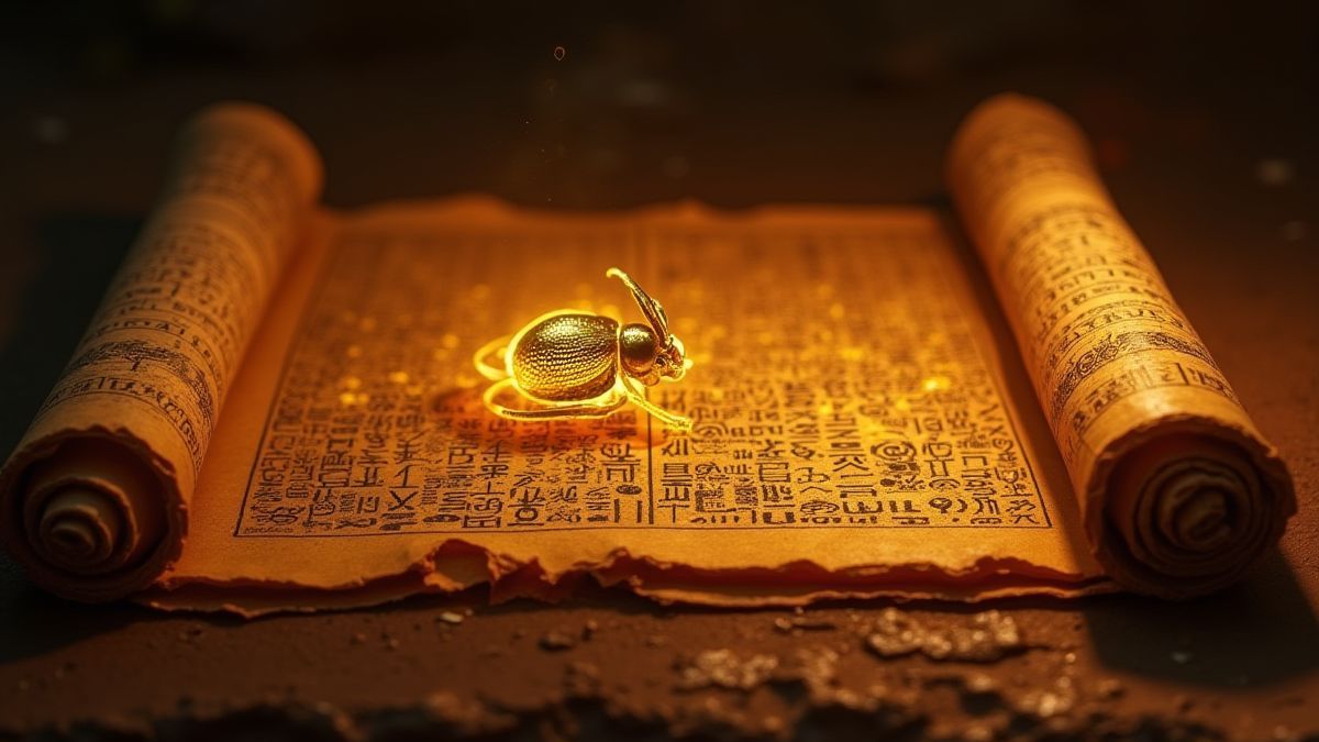 Pergaminho egípcio com hieróglifos brilhantes e um escaravelho dourado.