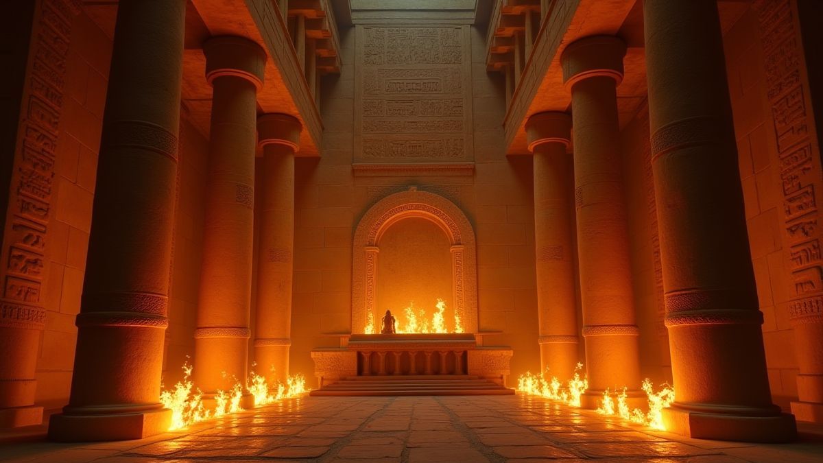 Interior de um templo egípcio com tochas e um altar dedicado a Horus.