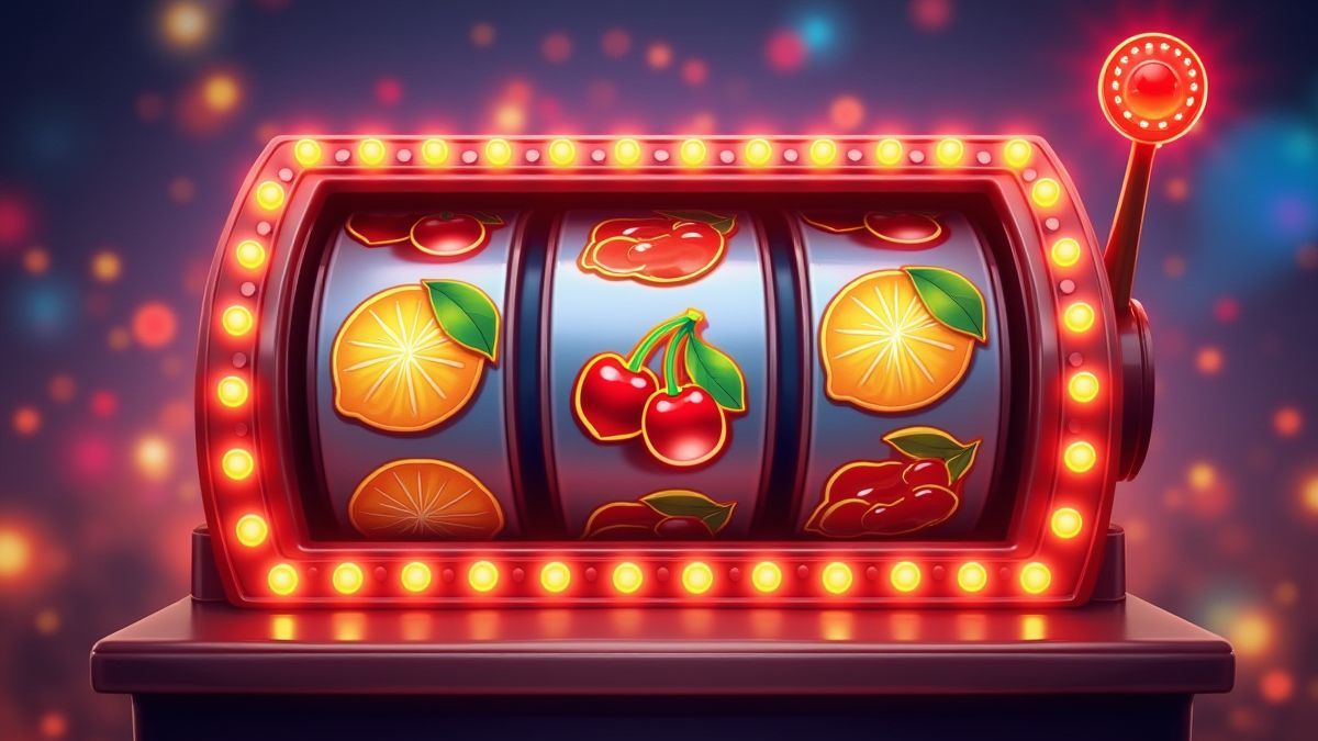 Una máquina tragamonedas con símbolos de frutas como cerezas y limones.