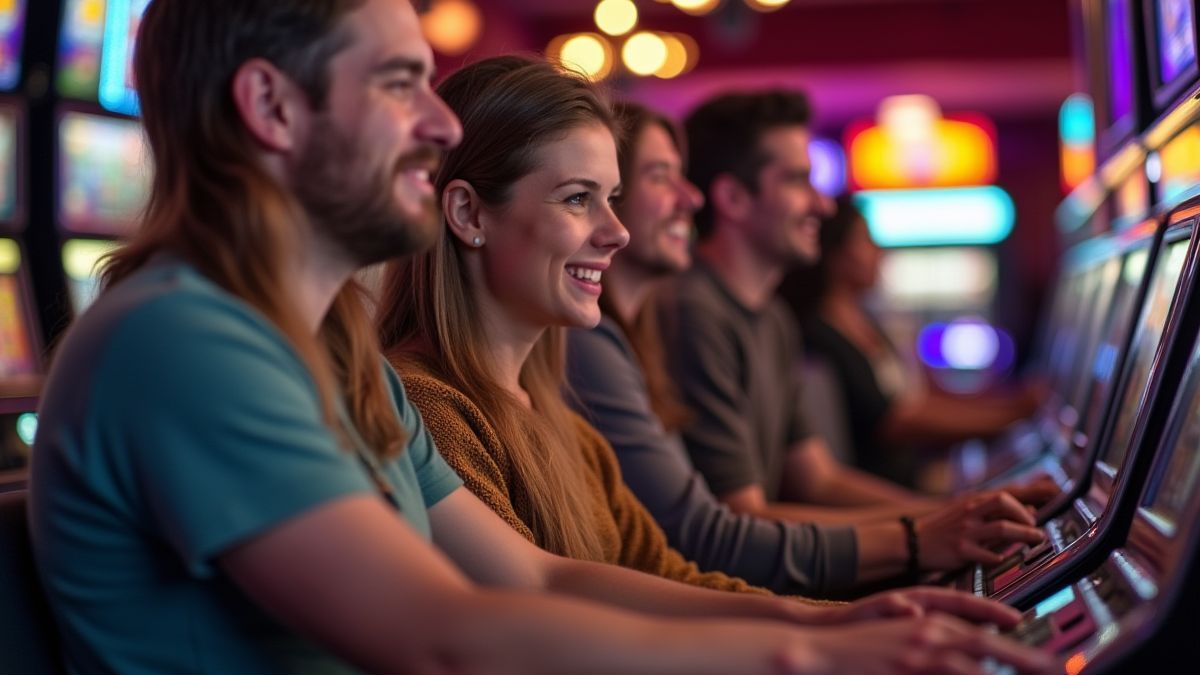 Jugadores relajados disfrutando en una máquina tragamonedas.