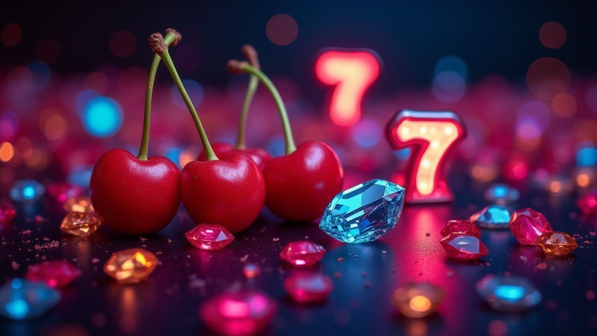 Bunte Symbole von Kirschen, Edelsteinen und der Zahl 7 vor einem dunklen Disco-Hintergrund.