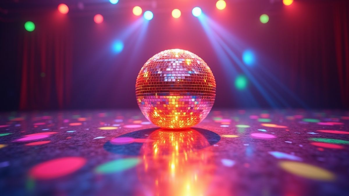 Eine Discokugel, die einen bunten Tanzboden beleuchtet.