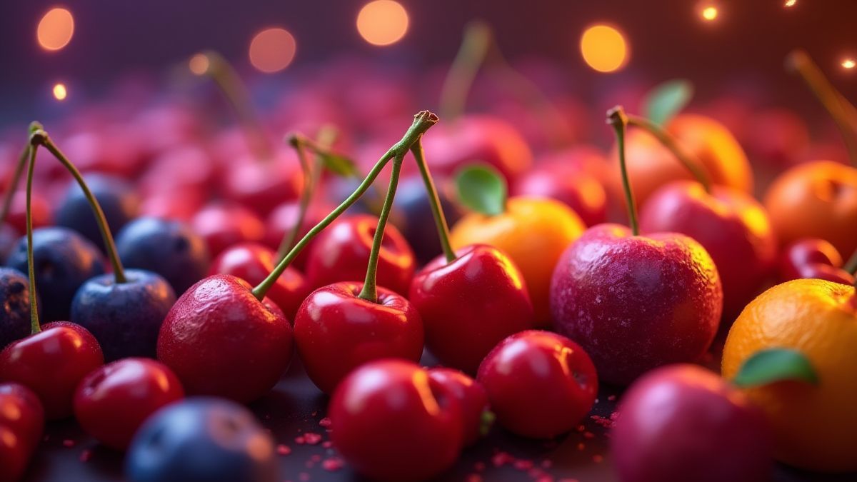 Symboles de fruits et lumières brillantes dans un environnement de casino.