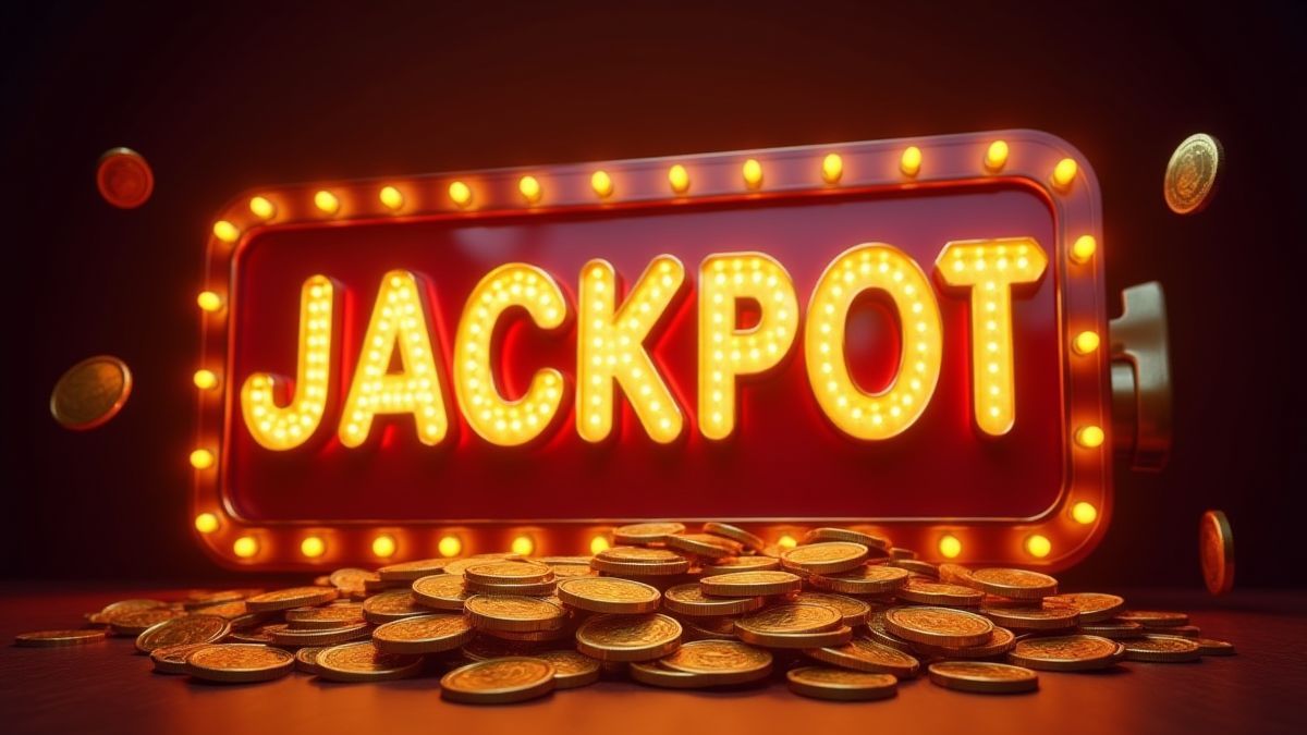 Panneau de jackpot brillant avec des pièces flottantes.