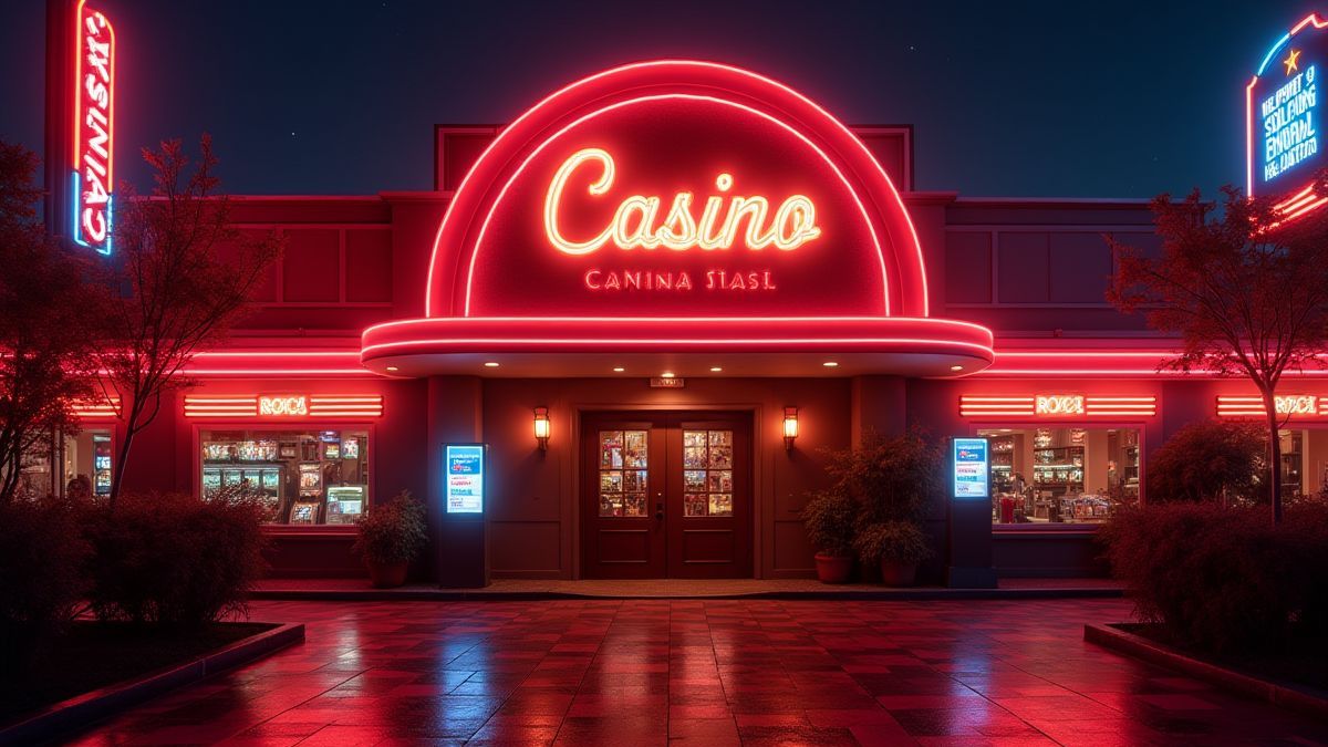 Entrada de casino retro con luces de neón y ambiente vintage.