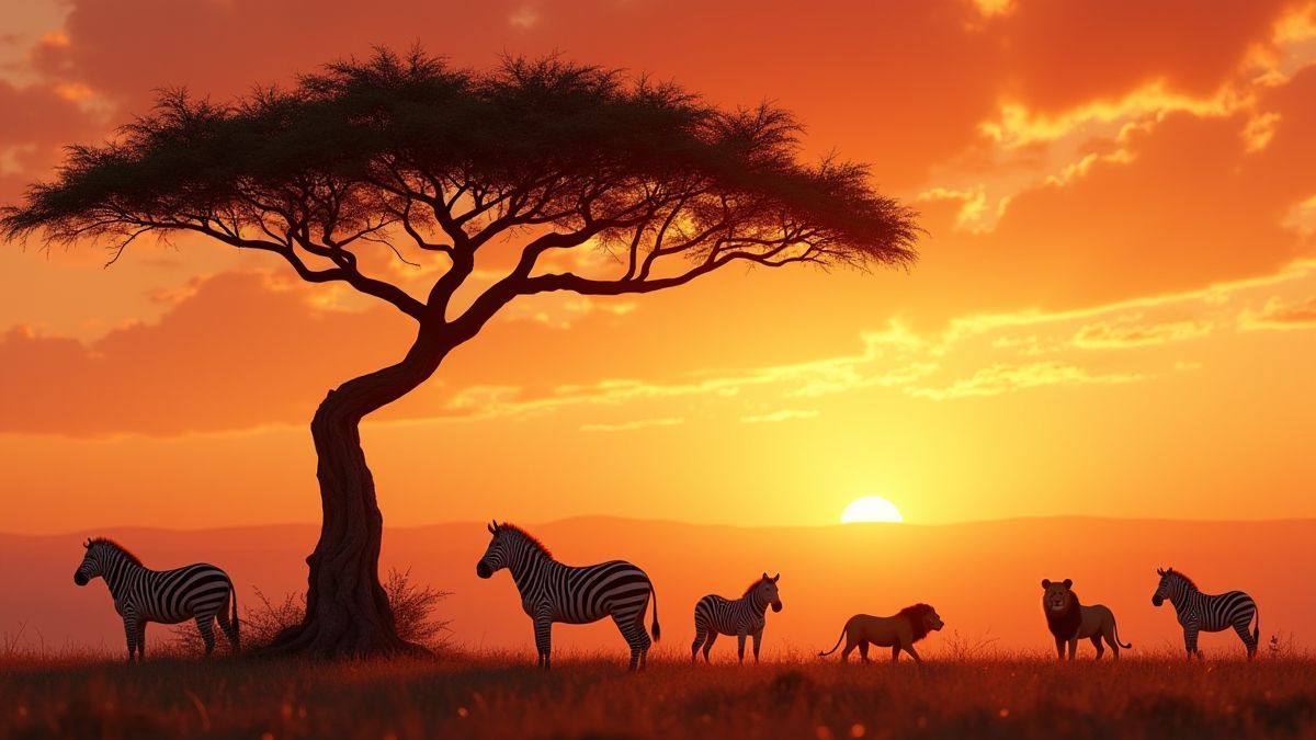 Animales salvajes como cebras y leones bajo un árbol de acacia al atardecer.
