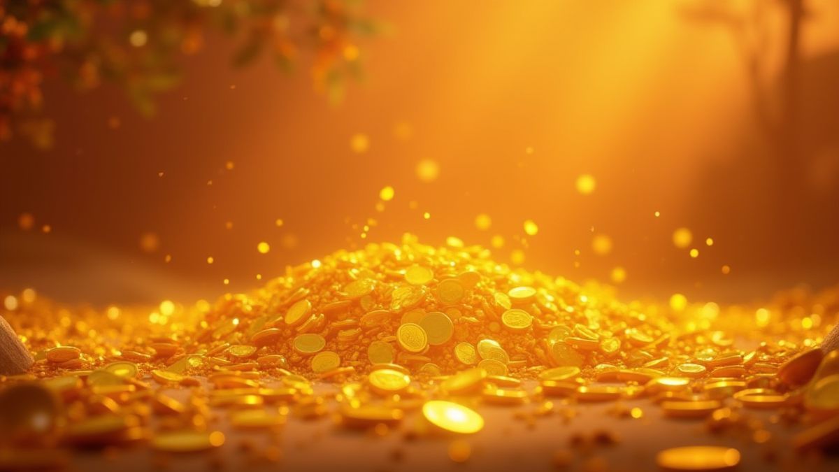 Monedas doradas y tesoros brillantes en la sabana africana.