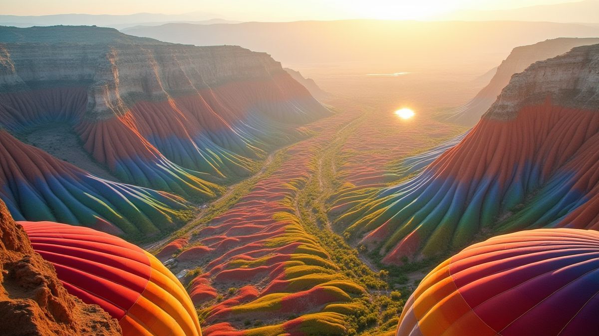A colorful valley viewed from a hot air balloon.