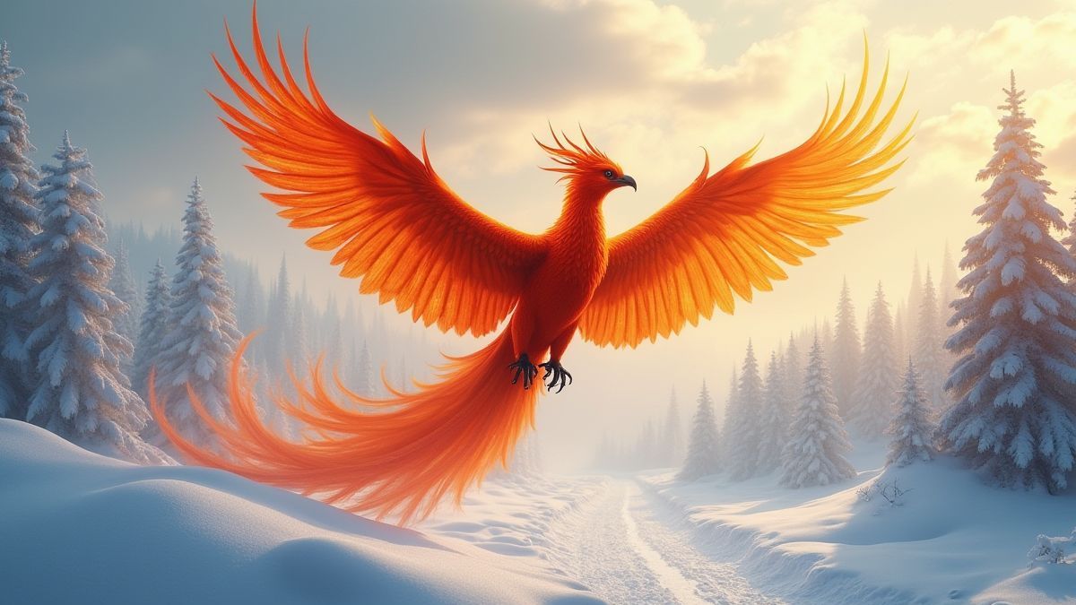 Ein brennender Phönix, der durch eine verschneite Landschaft fliegt.
