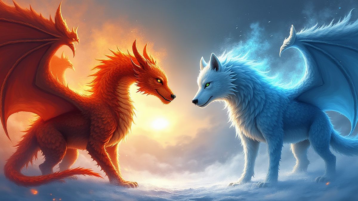 Ein brennender Drache und ein eisiger Wolf stehen sich in einem epischen Duell gegenüber.