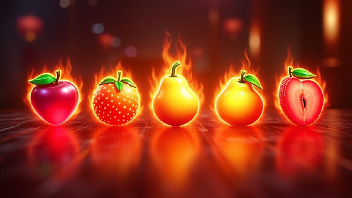 Símbolos de frutas brillantes rodeados de un aura ardiente en un entorno de casino.
