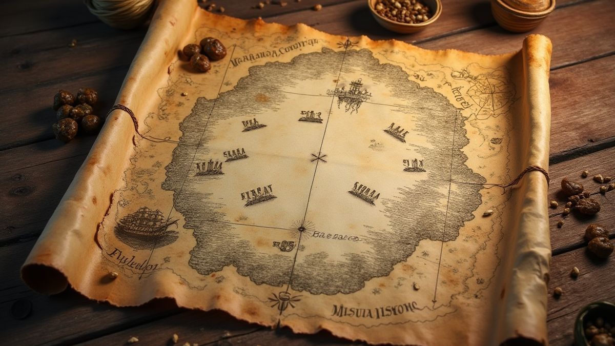 Piratenkarte mit markierten Schatzstandorten auf einem Holztisch.