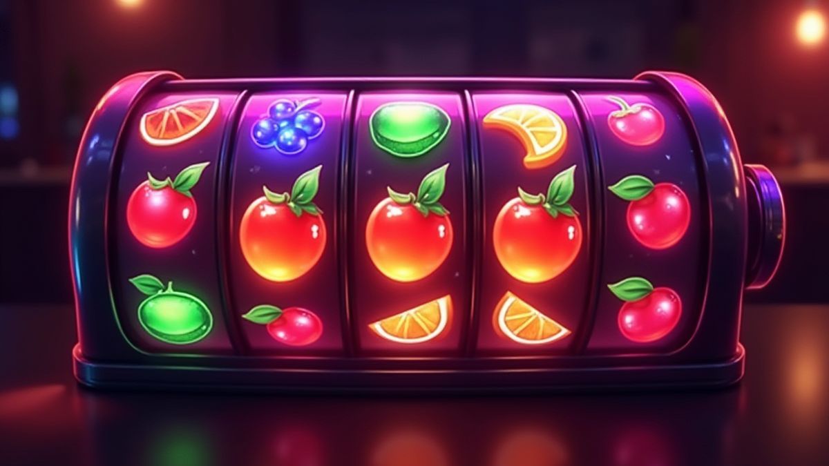 Retro slot machine with classic fruit symbols.