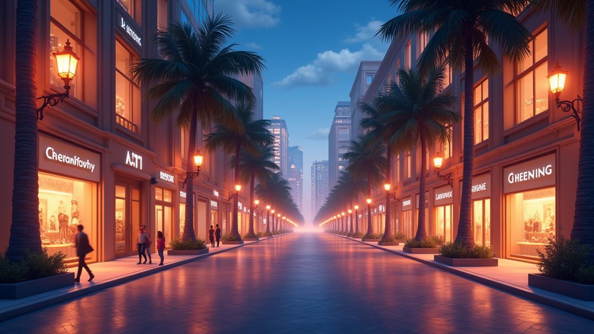Ein animierter Boulevard mit Luxusgeschäften und glänzenden Lichtern.