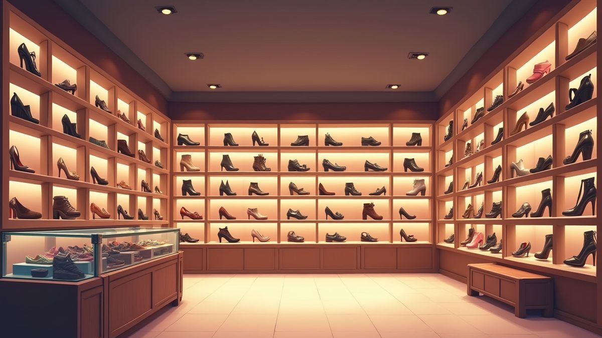 Innenansicht eines animierten Schuhgeschäfts mit Regalen voller Designerschuhe.