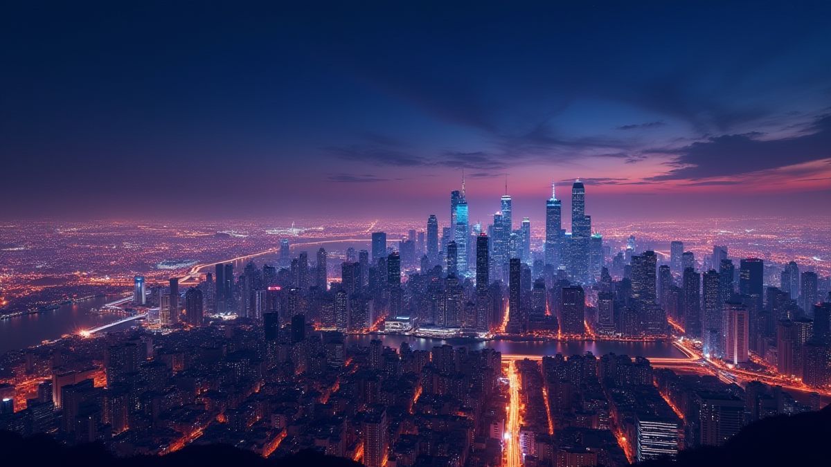 Animierte Stadtsilhouette bei Nacht mit funkelnden Lichtern und luxuriösem Flair.