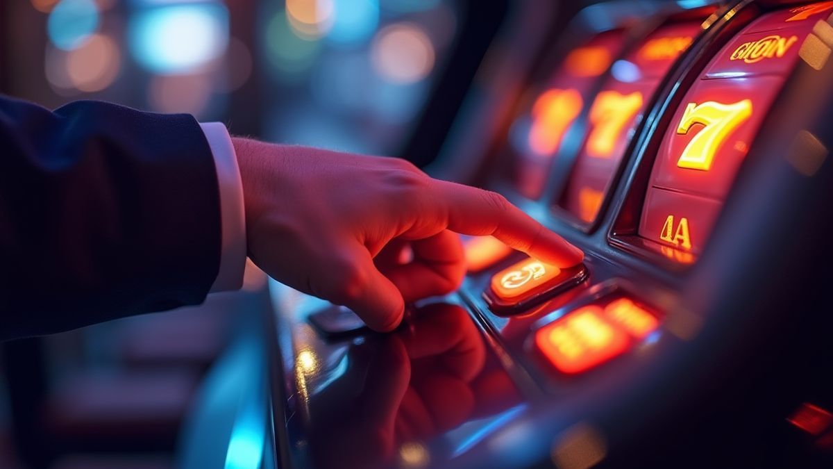 Speler in een casino die de draai-knop op een gokkast indrukt.