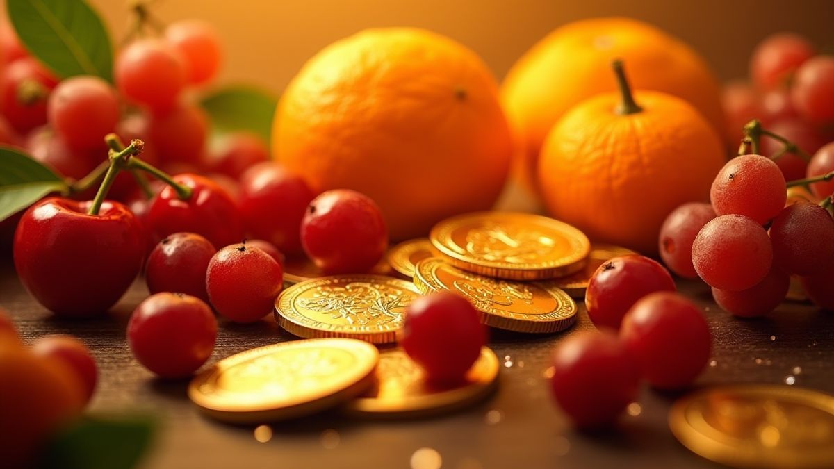 Frutas frescas junto a monedas doradas.