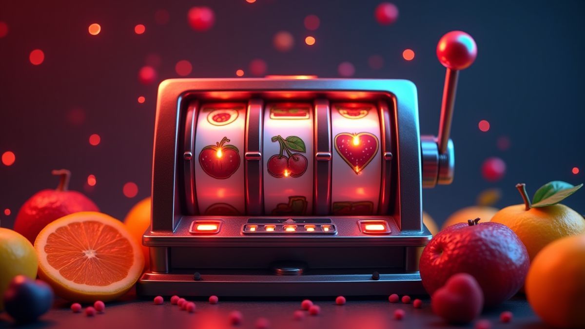 Retro slot machine with colorful fruits and bright lights.