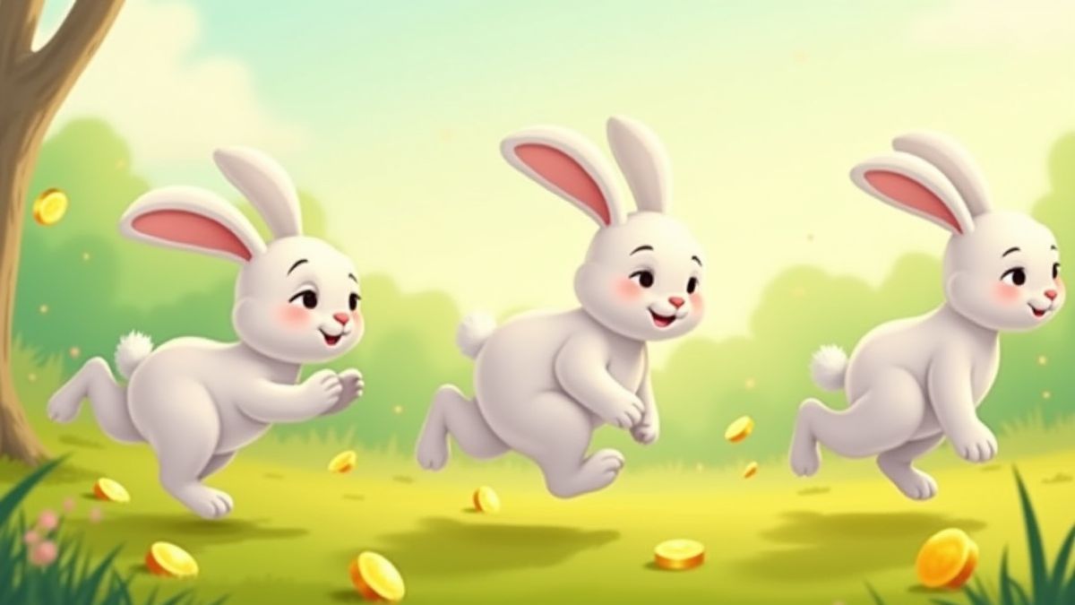 Cartoon bunnies hopping in a meadow with golden coins.