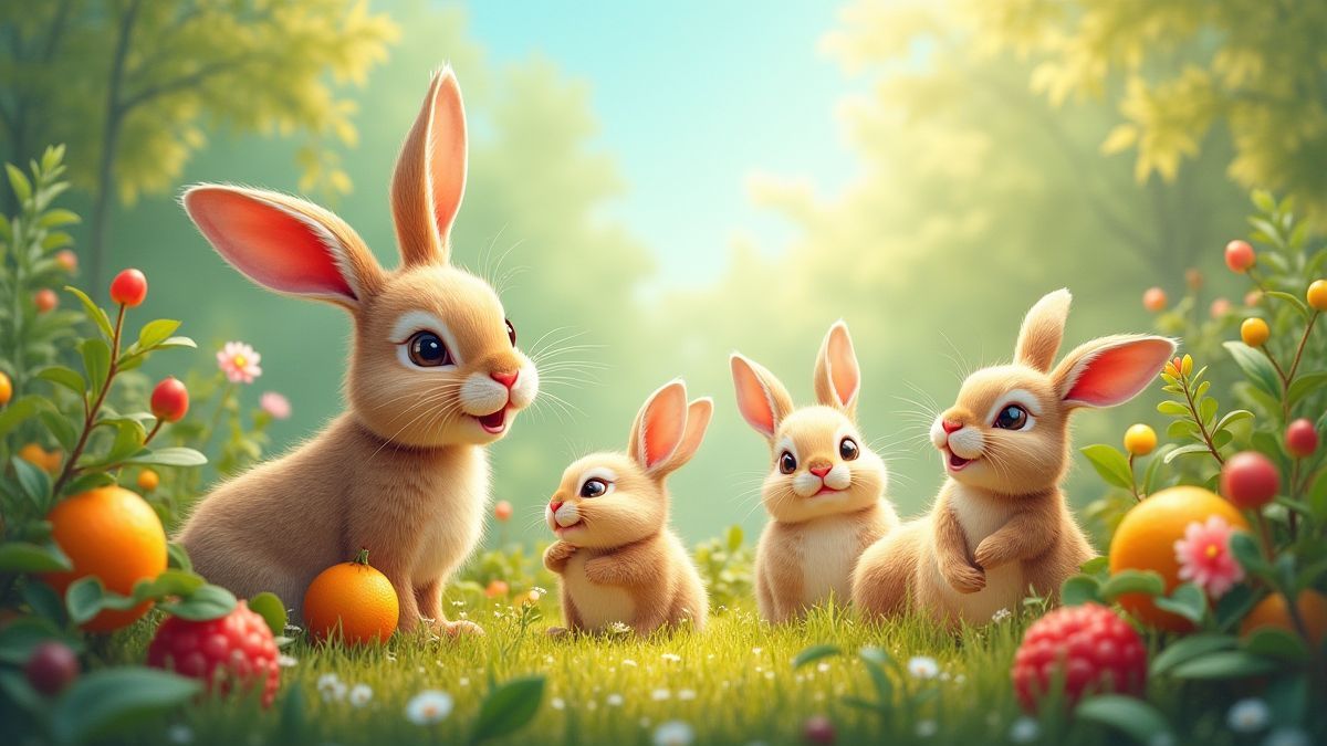 A colorful garden with mischievous rabbits and juicy fruits.