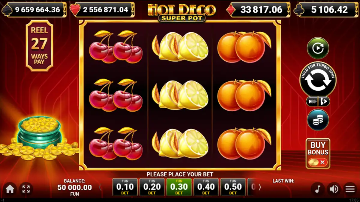 Pantalla del juego base de la tragaperras Hot Deco Super Pot