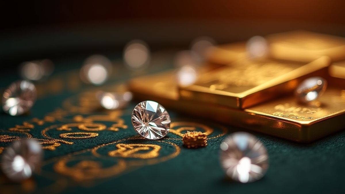 Mesa elegante con diamantes y lingotes de oro bajo una iluminación suave.