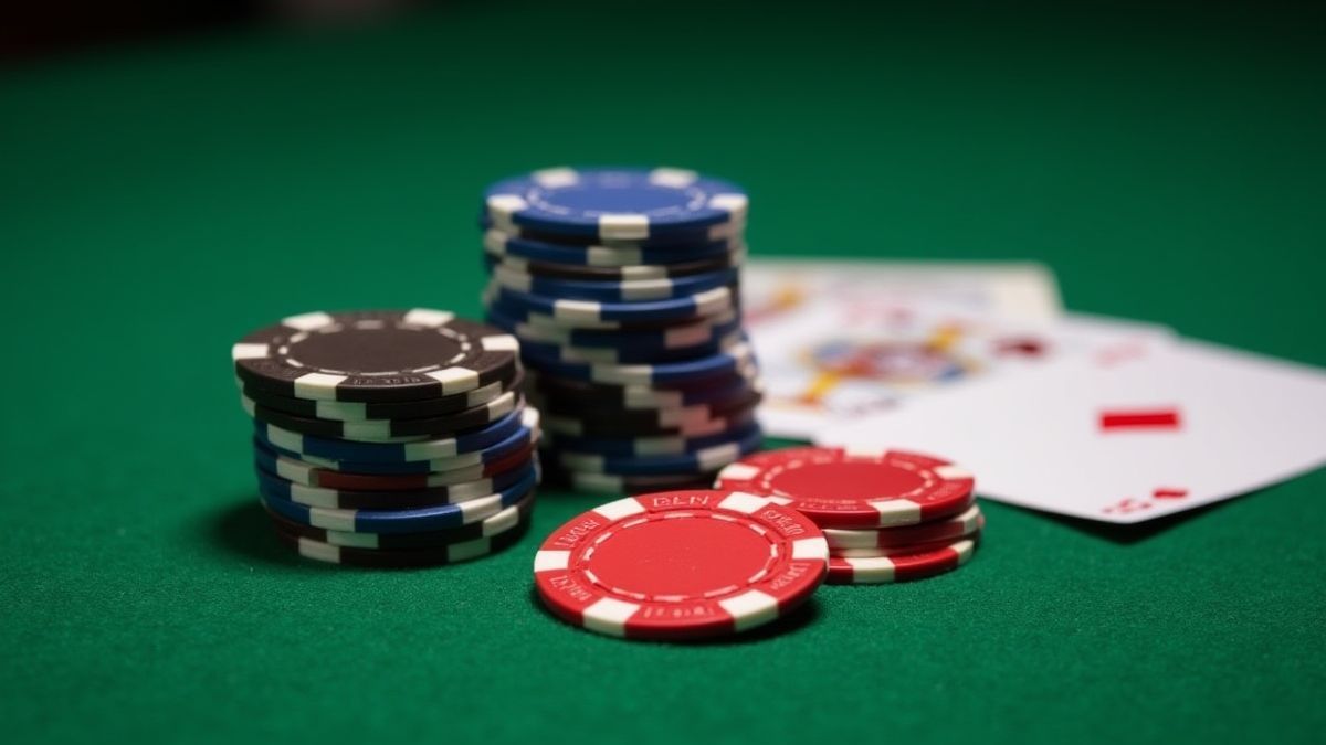 Fichas de casino y cartas sobre una mesa de fieltro verde.