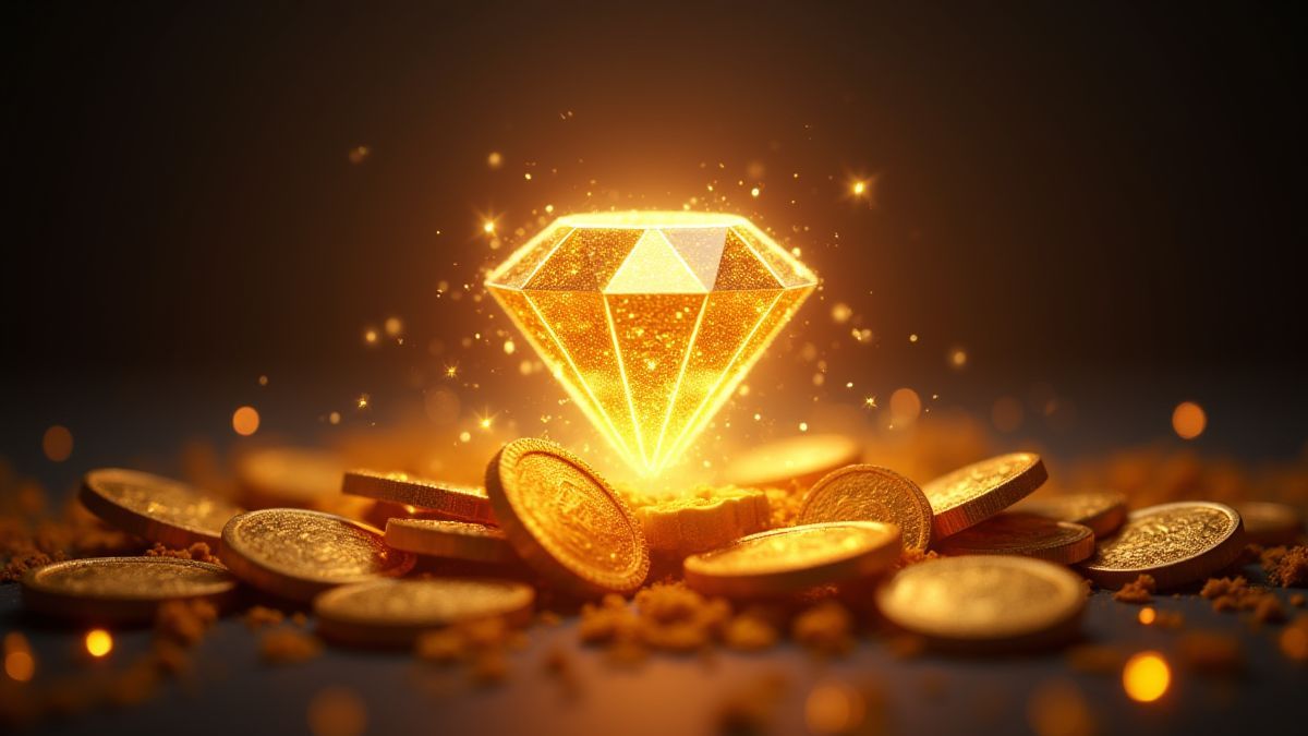 Diamante brillante rodeado de destellos y monedas doradas.