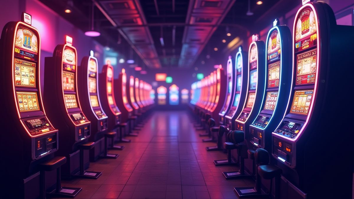 Casino-Boden mit leuchtenden Spielautomaten und lebhaften Lichtern.