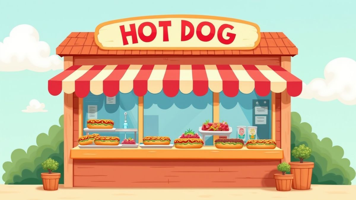 Un puesto de perritos calientes ilustrado con estilo caricaturesco y colores vibrantes.