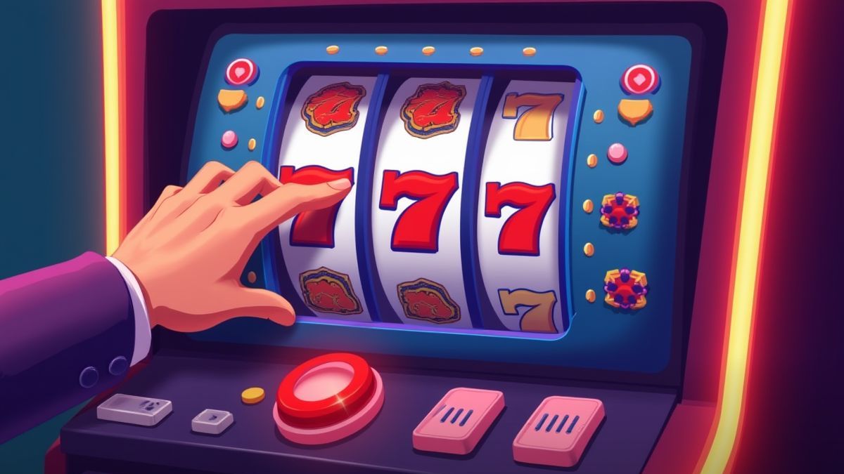 Una mano pulsando el botón de giro en una interfaz colorida de máquina tragamonedas.