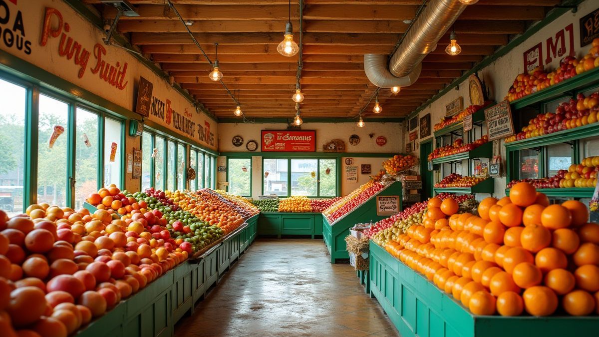 Um mercado de frutas com cores vibrantes e estilo retrô.